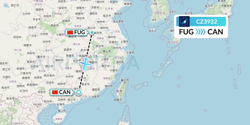 CZ3932 China Southern Airlines Flight Map: Fuyang to Guangzhou