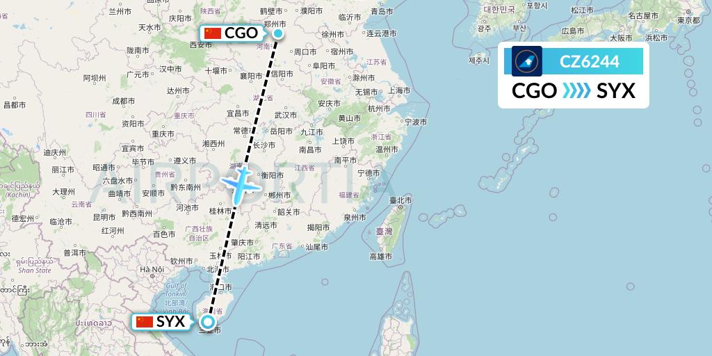 CZ6244 China Southern Airlines Flight Map: Zhengzhou to Sanya
