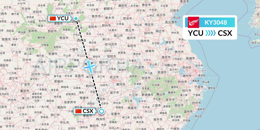 KY3048 Kunming Airlines Flight Map: Yuncheng to Changsha