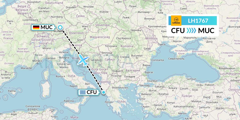 LH1767 Lufthansa Flight Map: Corfu to Munich
