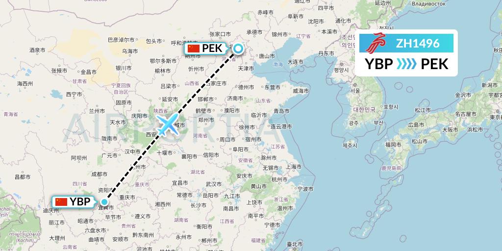ZH1496 Shenzhen Airlines Flight Map: Yibin to Beijing
