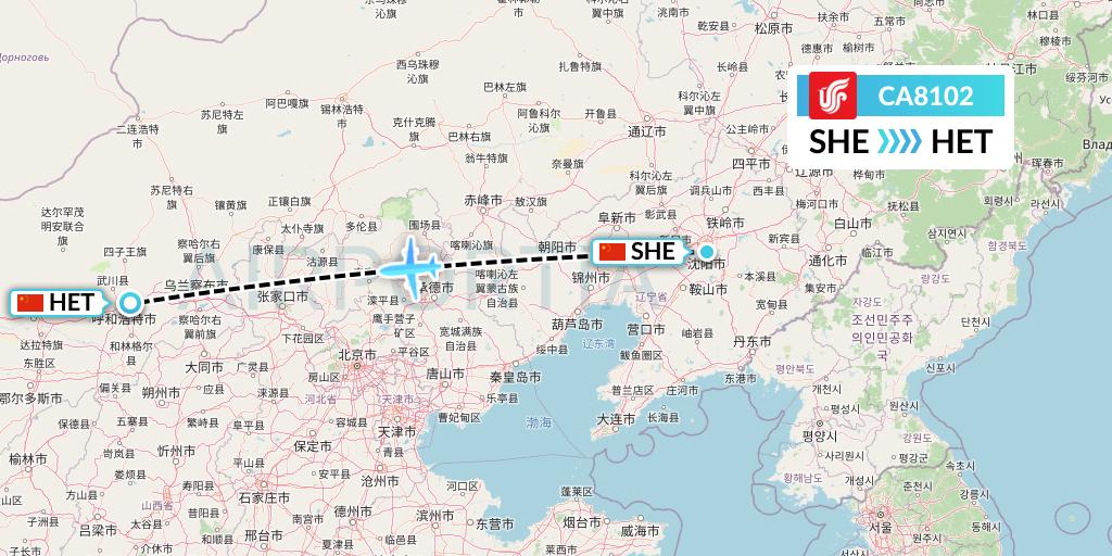 CA8102 Air China Flight Map: Shenyang to Hohhot