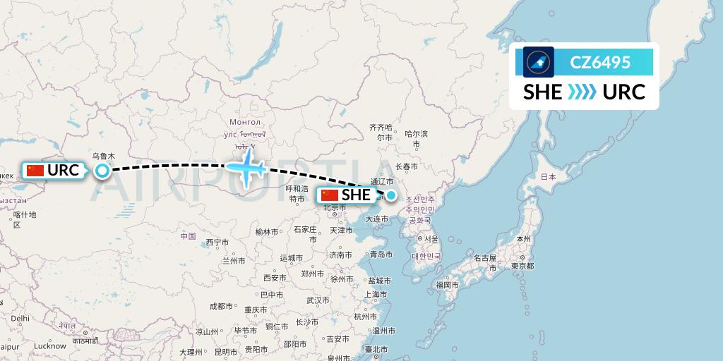 CZ6495 China Southern Airlines Flight Map: Shenyang to Urumqi