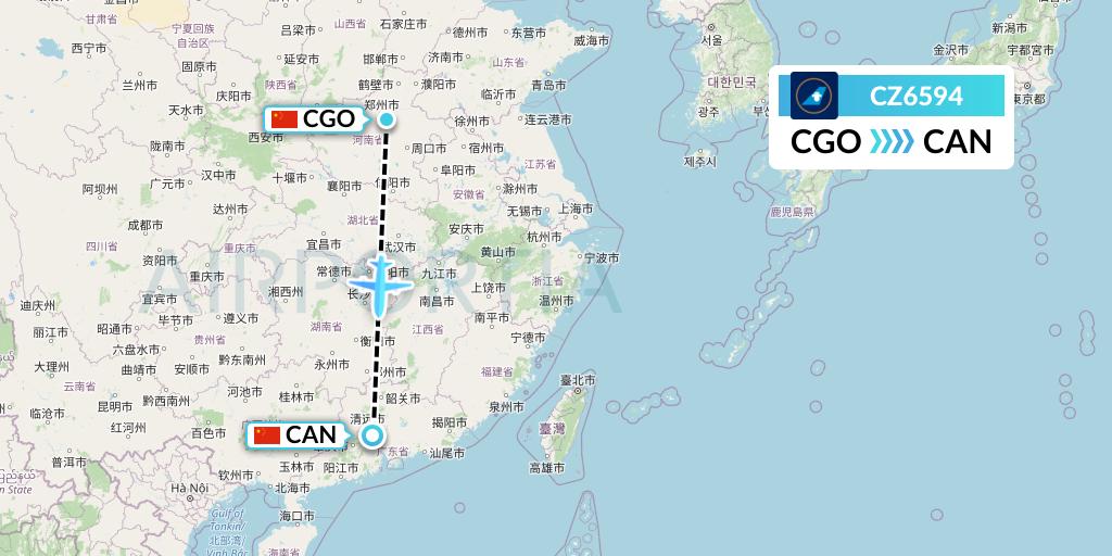 CZ6594 China Southern Airlines Flight Map: Zhengzhou to Guangzhou