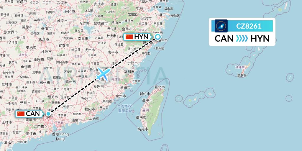 CZ8261 China Southern Airlines Flight Map: Guangzhou to Huangyan