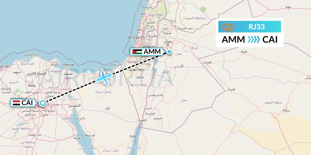 RJ33 Royal Jordanian Flight Map: Amman to Cairo