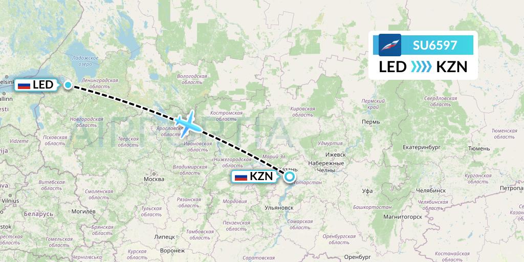 SU6597 Aeroflot Flight Map: St. Petersburg to Kazan
