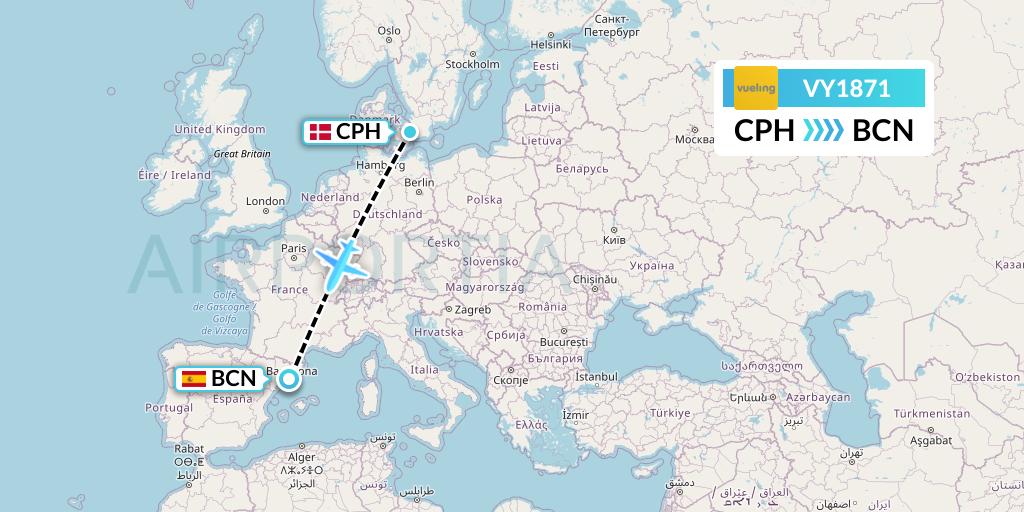 VY1871 Vueling Flight Map: Copenhagen to Barcelona