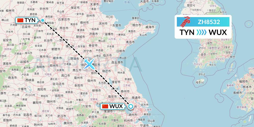 ZH8532 Shenzhen Airlines Flight Map: Taiyuan to Wuxi