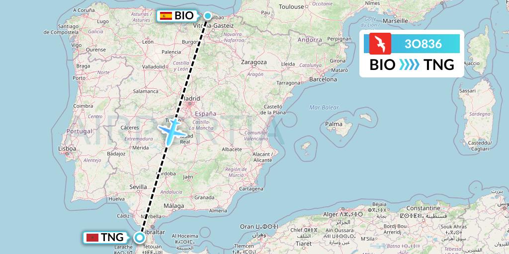3O836 Air Arabia Maroc Flight Map: Bilbao to Tangier