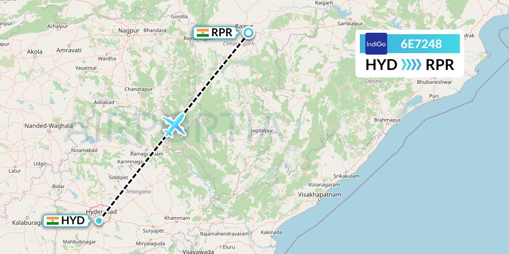 6E7248 IndiGo Airlines Flight Map: Hyderabad to Raipur