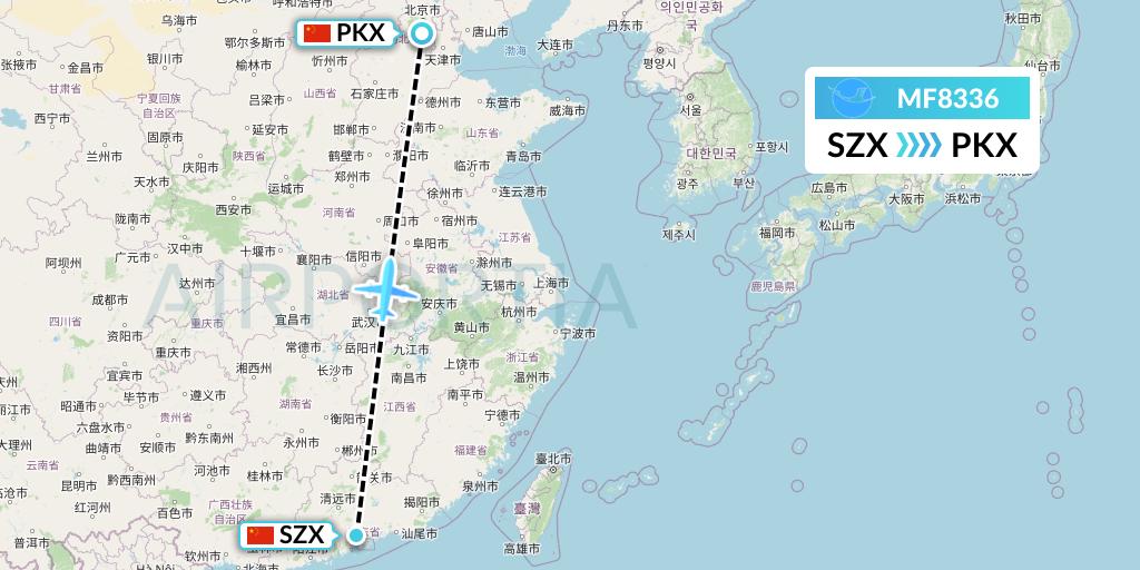 MF8336 Xiamen Airlines Flight Map: Shenzhen to Beijing