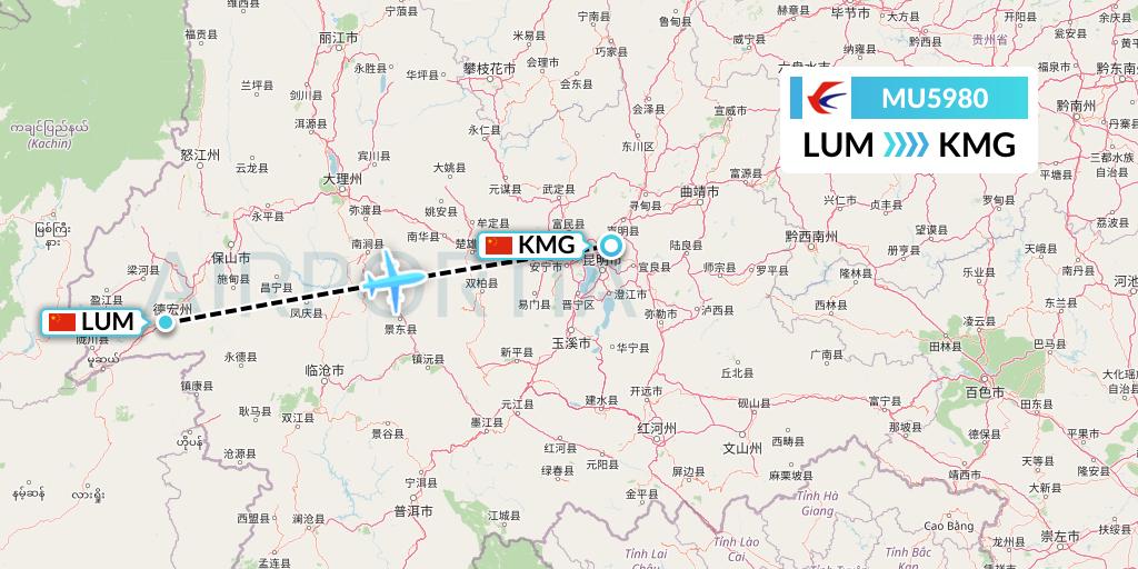 MU5980 China Eastern Airlines Flight Map: Mangshi to Kunming