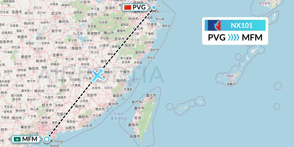 NX101 Air Macau Flight Map: Shanghai to Macau