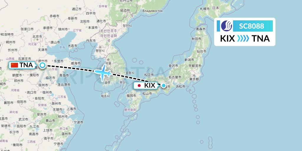 SC8088 Shandong Airlines Flight Map: Osaka to Jinan