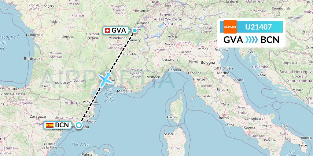 U21407 EasyJet Flight Map: Geneva to Barcelona