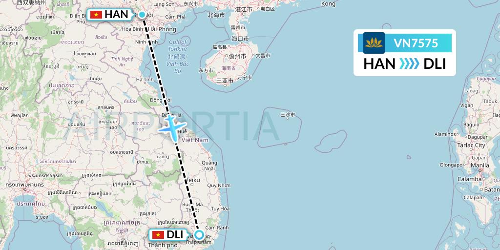 VN7575 Vietnam Airlines Flight Map: Hanoi to Da Lat