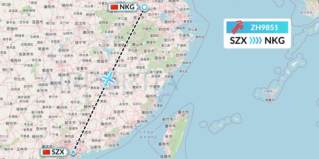 ZH9851 Shenzhen Airlines Flight Map: Shenzhen to Nanjing