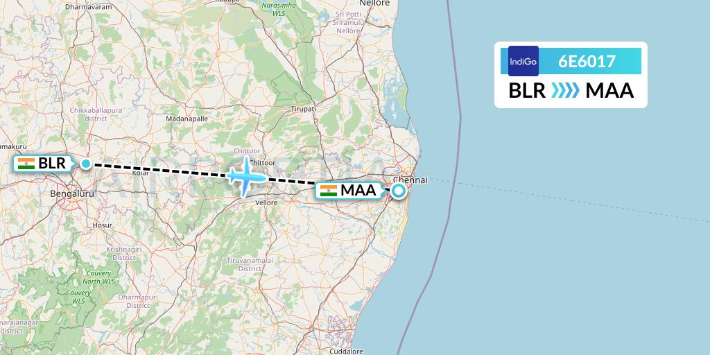 6E6017 IndiGo Airlines Flight Map: Bangalore to Chennai