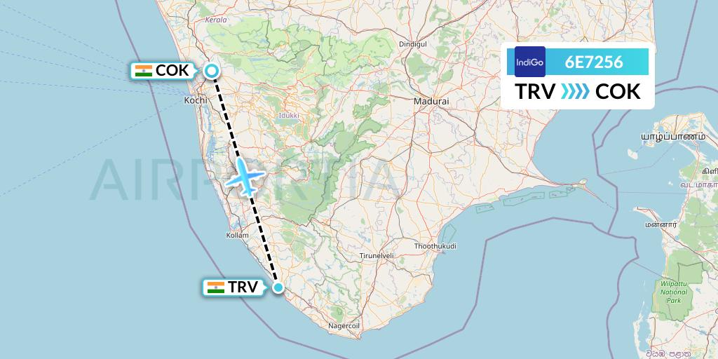 6E7256 IndiGo Airlines Flight Map: Thiruvananthapuram to Cochin