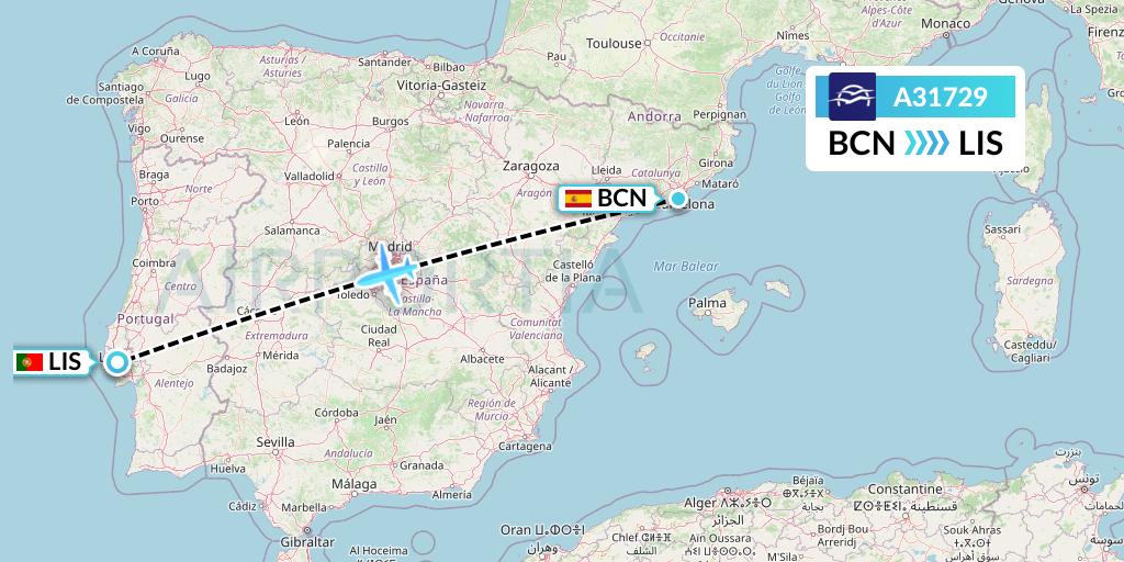 A31729 Aegean Airlines Flight Map: Barcelona to Lisbon