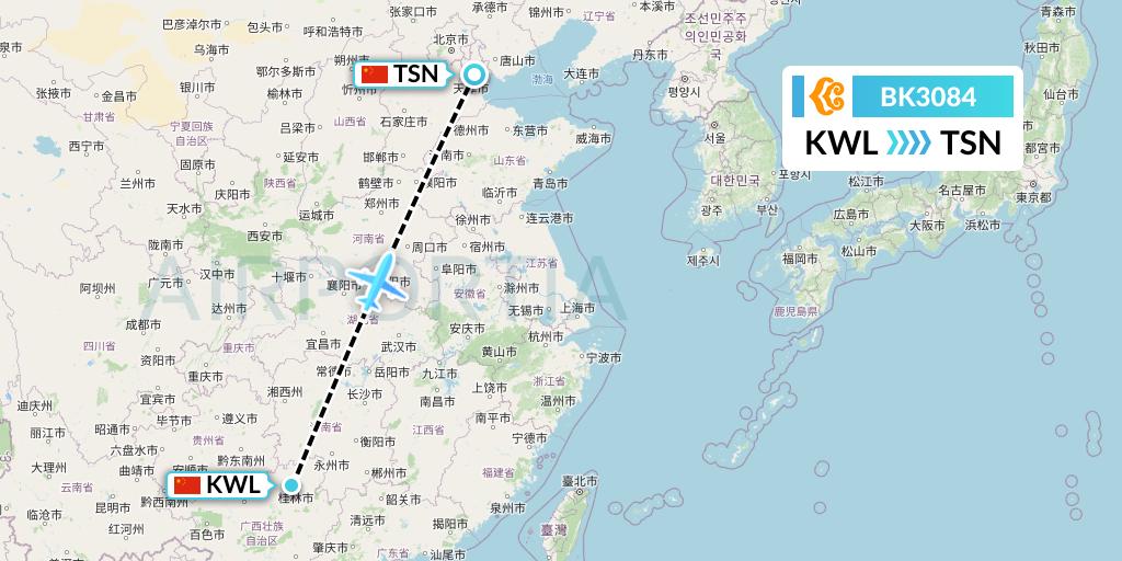 BK3084 Okay Airways Flight Map: Guilin to Tianjin