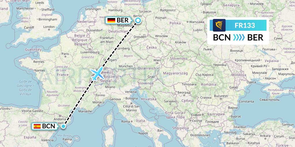 FR133 Ryanair Flight Map: Barcelona to Berlin