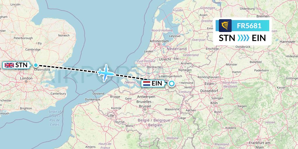 FR5681 Ryanair Flight Map: London to Eindhoven