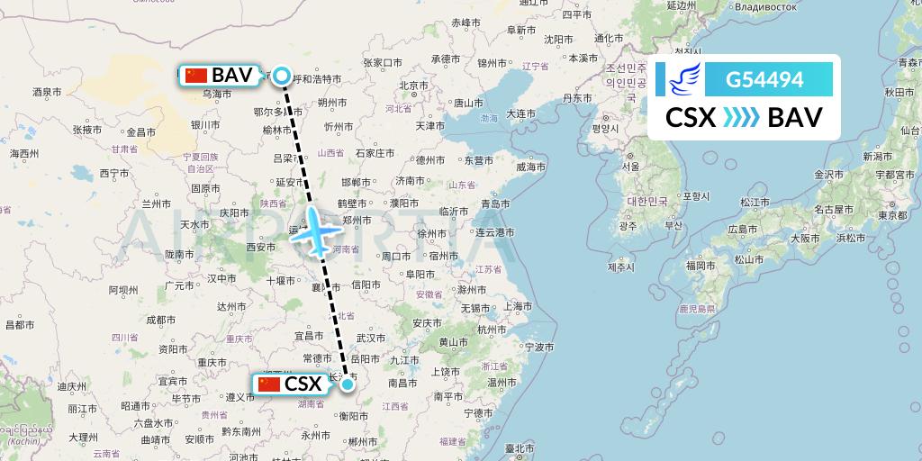 G54494 China Express Airlines Flight Map: Changsha to Baotou