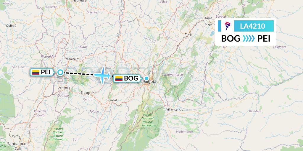 LA4210 LAN Airlines Flight Map: Bogota to Pereira