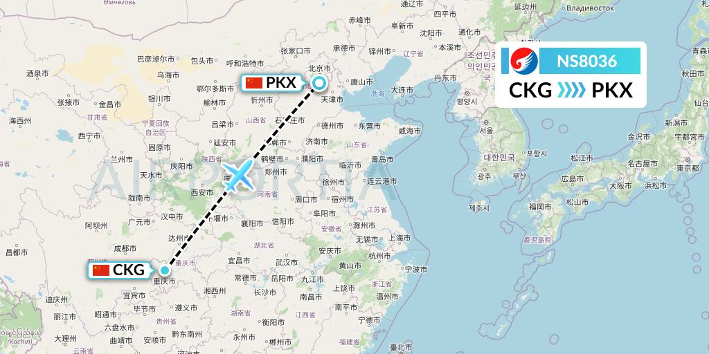 NS8036 Hebei Airlines Flight Map: Chongqing to Beijing