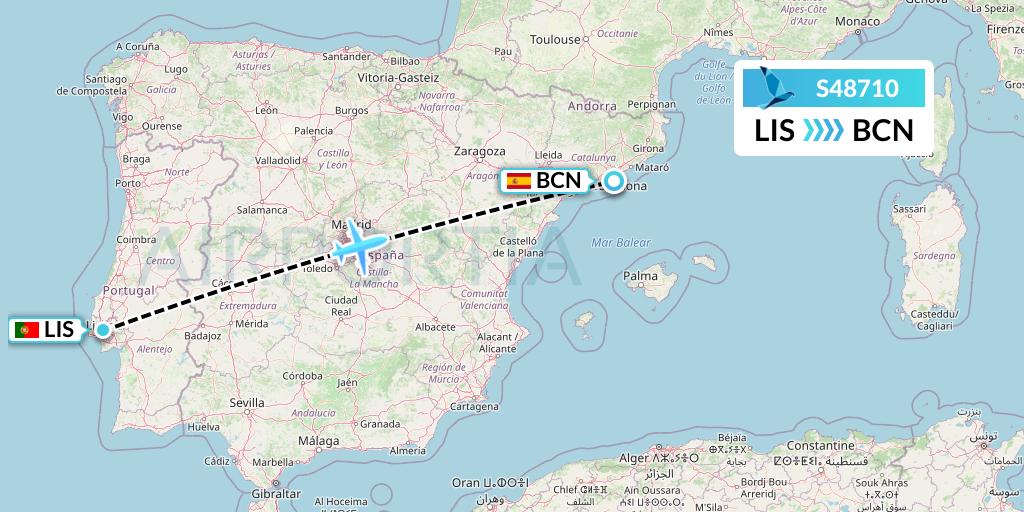 S48710 Azores Airlines Flight Map: Lisbon to Barcelona