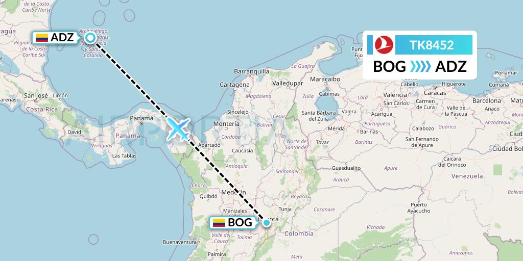 TK8452 Turkish Airlines Flight Map: Bogota to San Andres Island