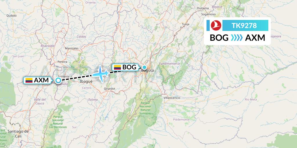 TK9278 Turkish Airlines Flight Map: Bogota to Armenia