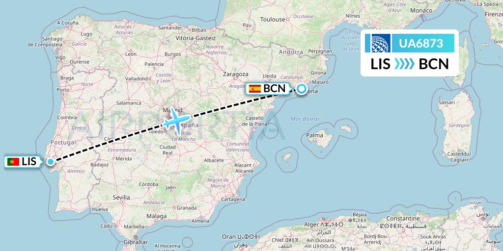 UA6873 United Airlines Flight Map: Lisbon to Barcelona