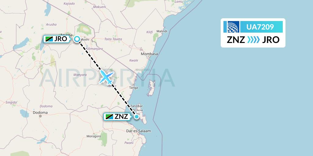 UA7209 United Airlines Flight Map: Zanzibar to Kilimanjaro