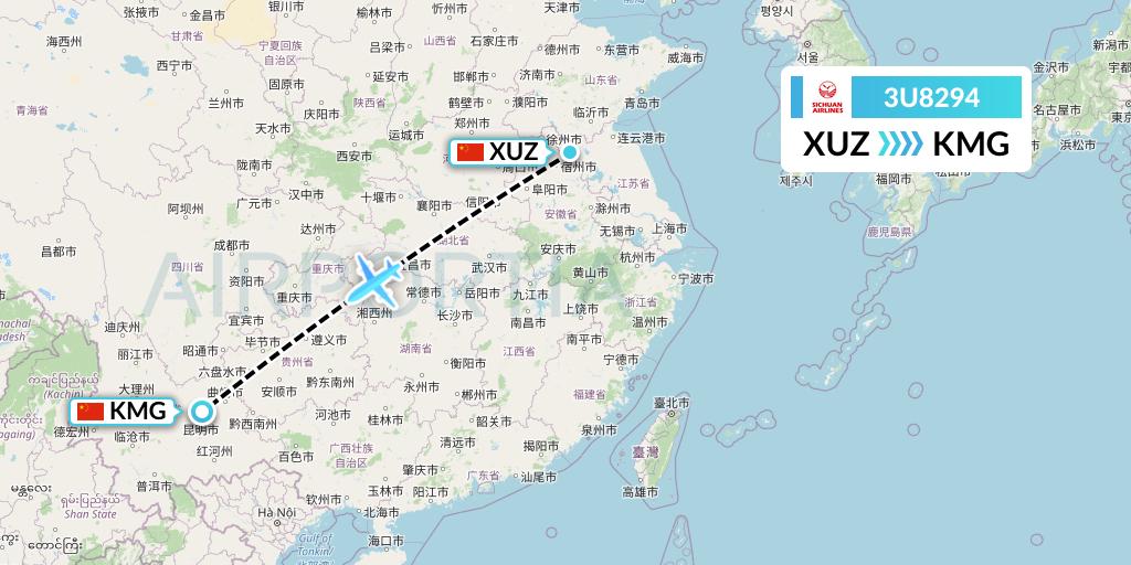 3U8294 Sichuan Airlines Flight Map: Xuzhou to Kunming