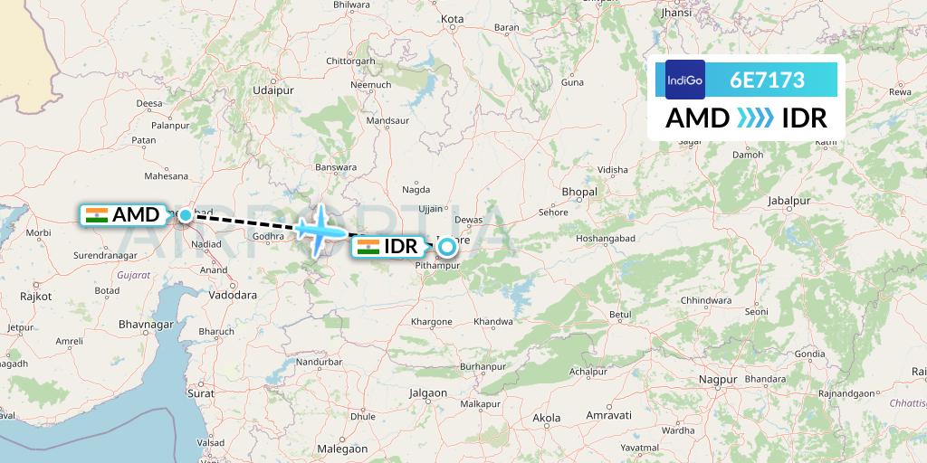 6E7173 IndiGo Airlines Flight Map: Ahmedabad to Indore