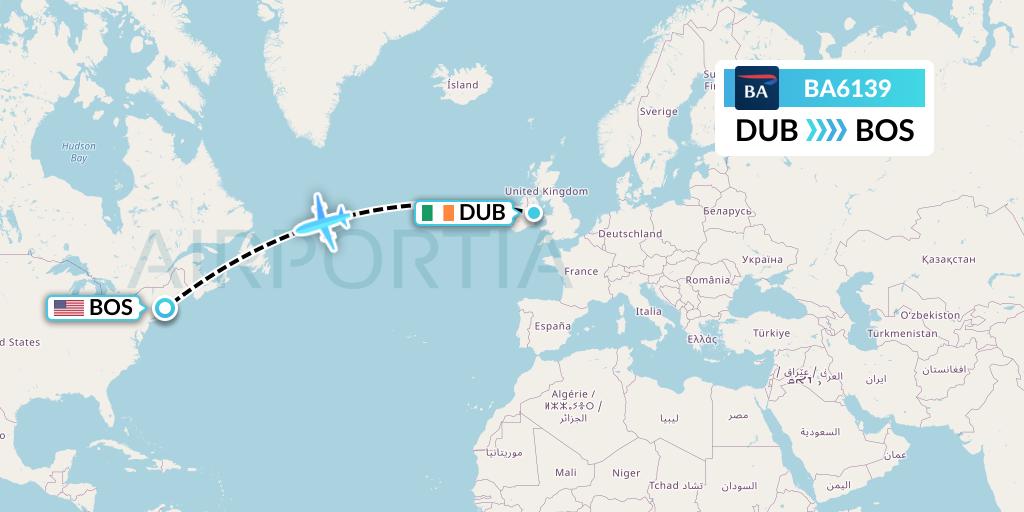 BA6139 British Airways Flight Map: Dublin to Boston