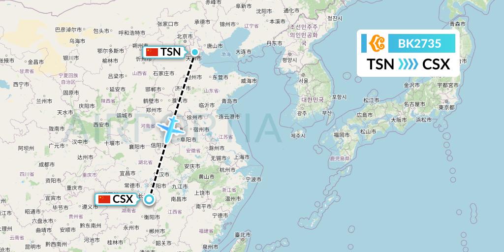 BK2735 Okay Airways Flight Map: Tianjin to Changsha