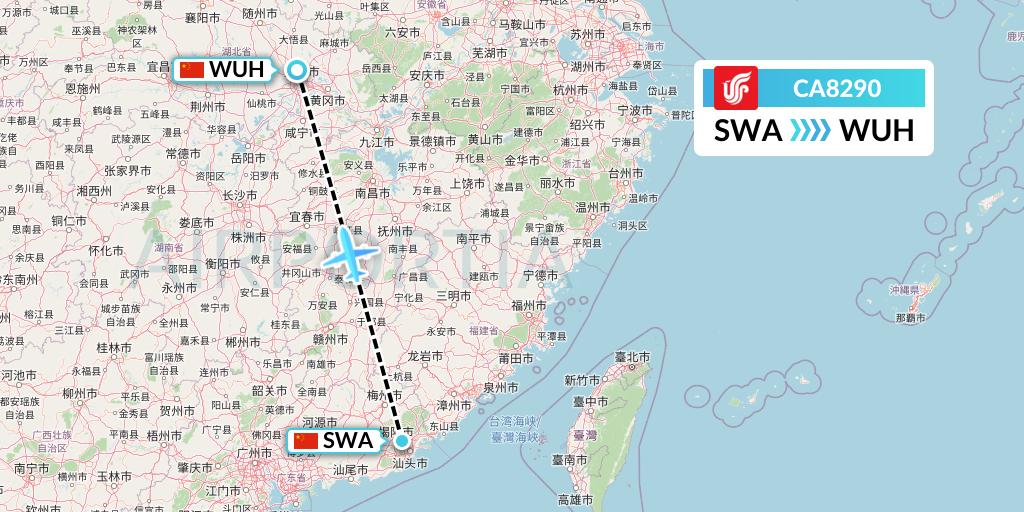 CA8290 Air China Flight Map: Jieyang to Wuhan