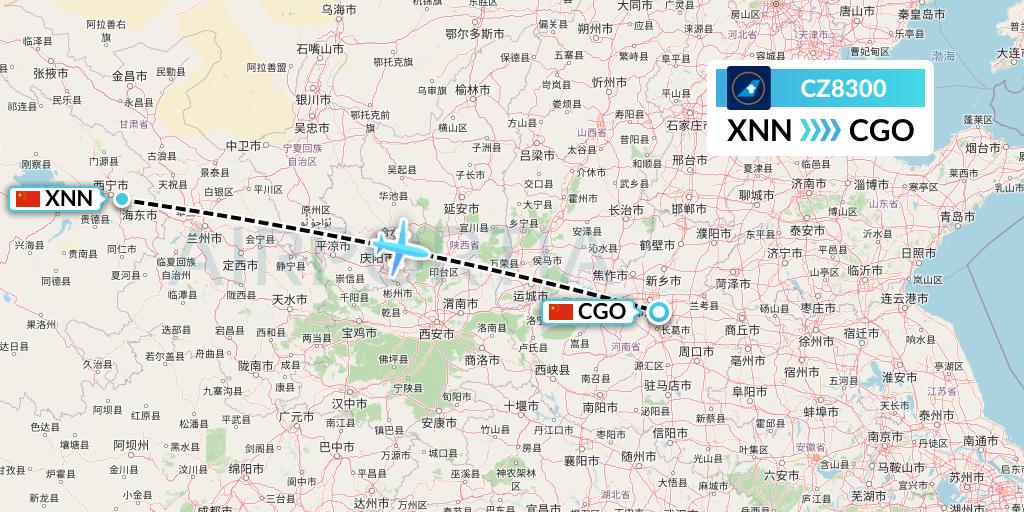 CZ8300 China Southern Airlines Flight Map: Xining to Zhengzhou