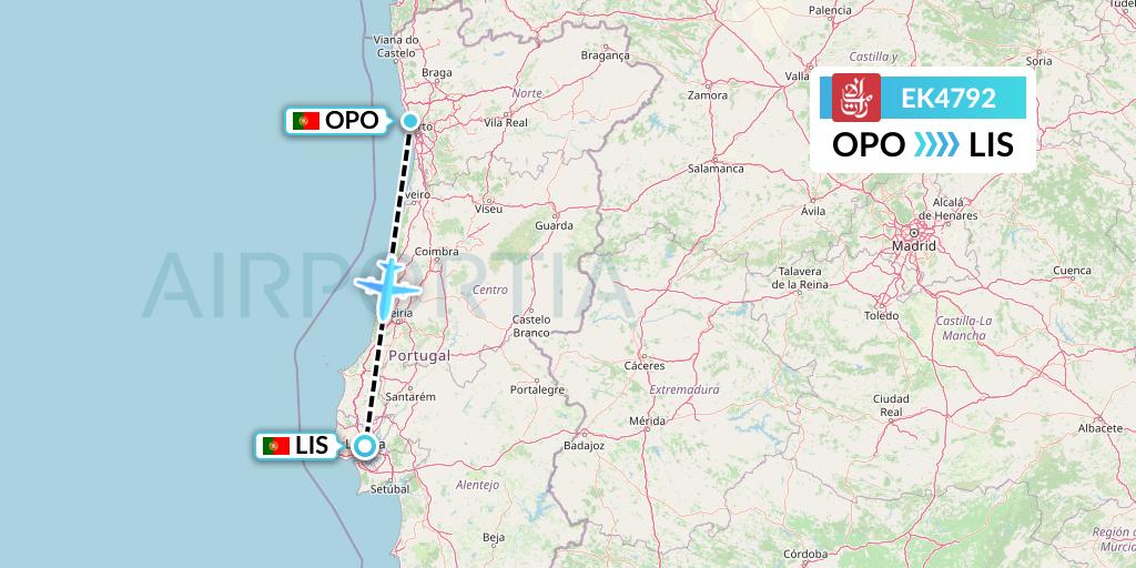 EK4792 Emirates Flight Map: Porto to Lisbon