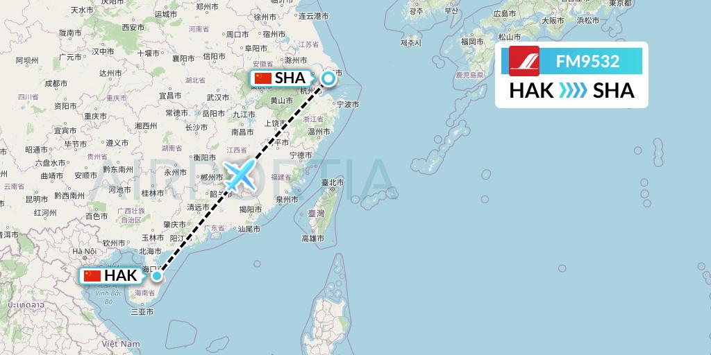 FM9532 Shanghai Airlines Flight Map: Haikou to Shanghai