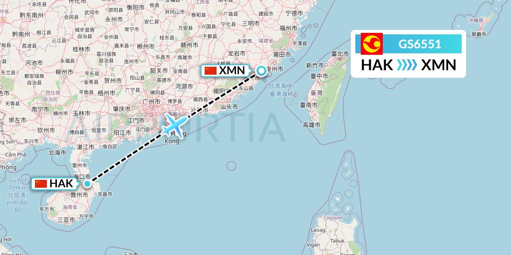 GS6551 Tianjin Airlines Flight Map: Haikou to Xiamen