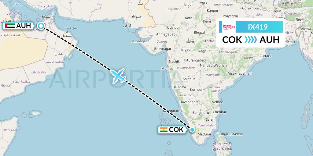 IX419 Air India Express Flight Map: Cochin to Abu Dhabi