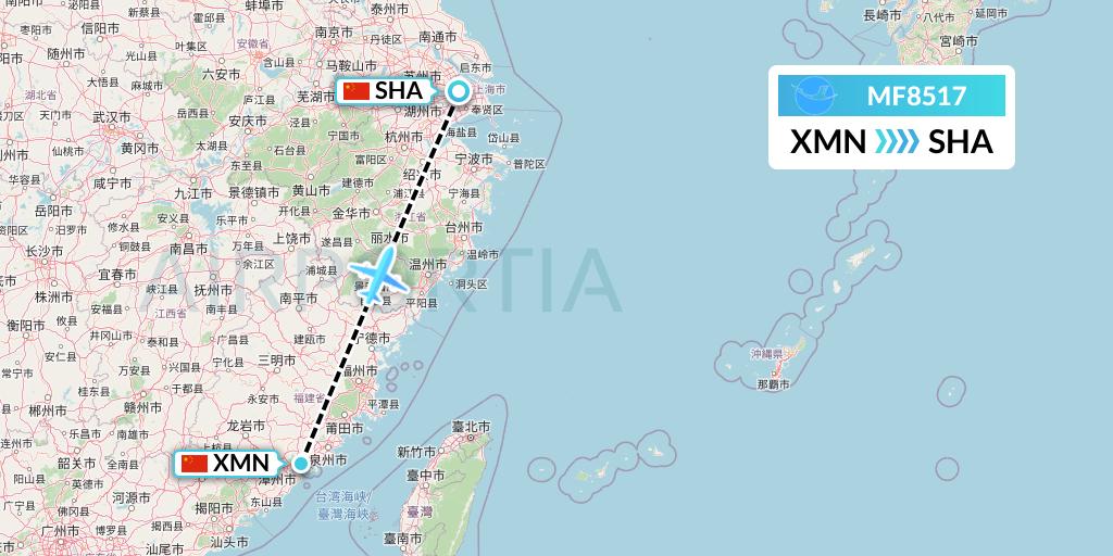 MF8517 Xiamen Airlines Flight Map: Xiamen to Shanghai