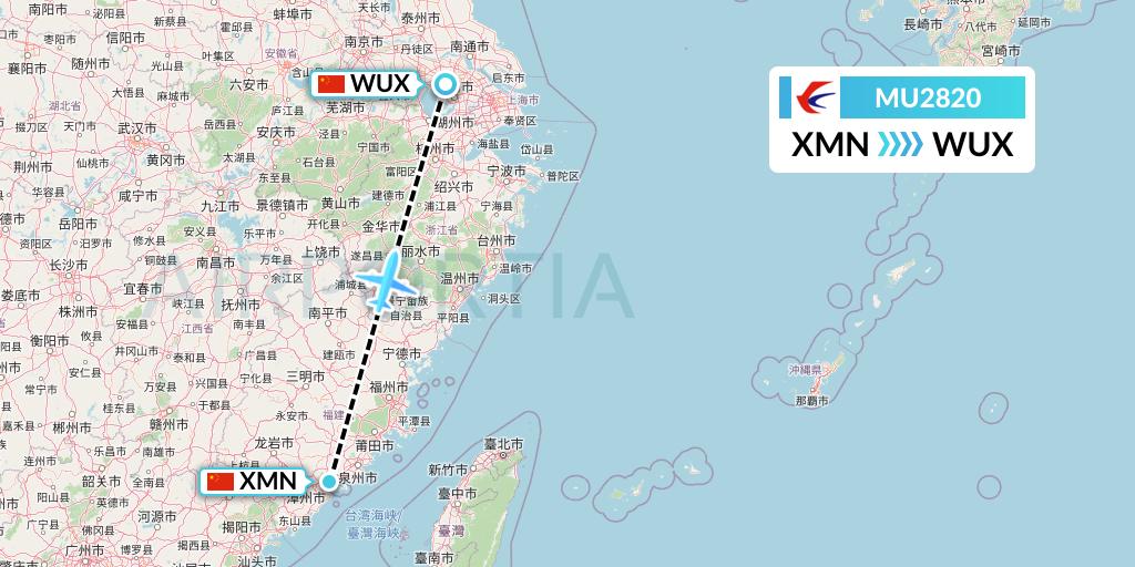 MU2820 China Eastern Airlines Flight Map: Xiamen to Wuxi