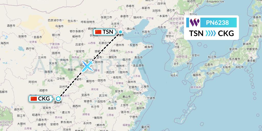 PN6238 China West Air Flight Map: Tianjin to Chongqing