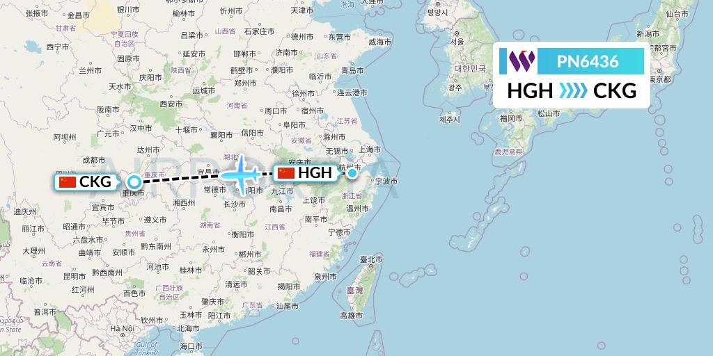 PN6436 China West Air Flight Map: Hangzhou to Chongqing
